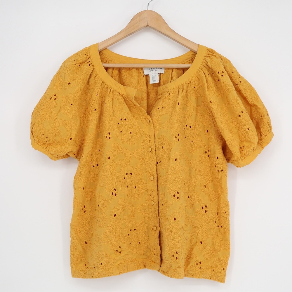 Calypso St Barth Mustard Yellow Cotton Eyelet Puff Sleeve Blouse Large - Picture 2 of 6